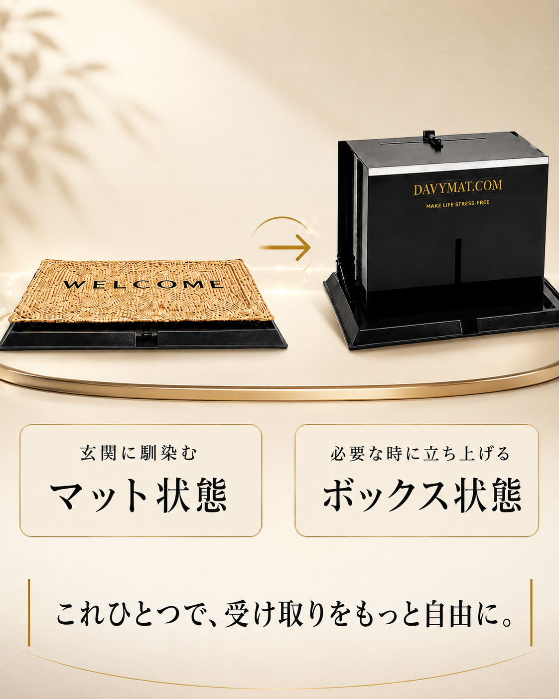 DAVYMATが玄関マット状態から宅配ボックス状態へ変形するイメージ